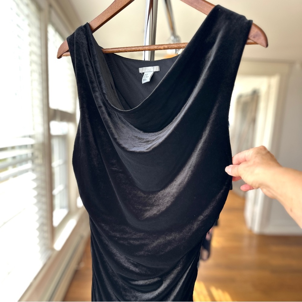 H&M black velvet dress, sleeveless with cowl neck, ruched, stretch, midi length